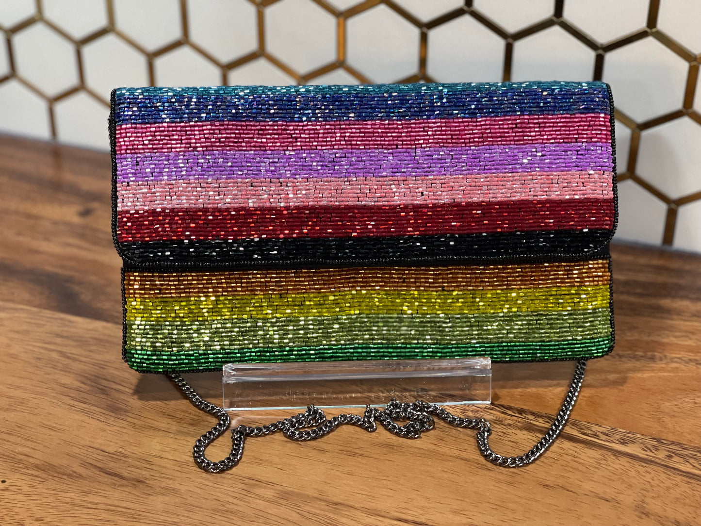 MULTI STRIPE BEADED CLUTCH