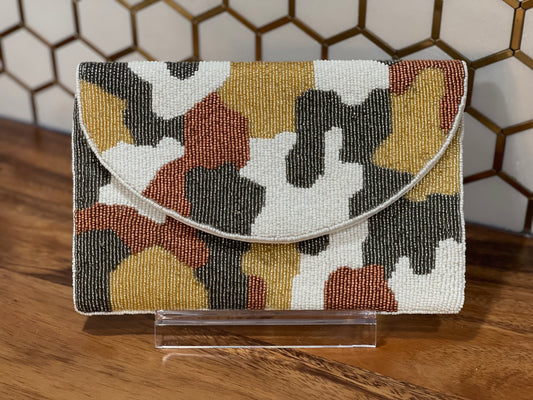 GOLD /OLIVE CAMO BEAED CLUTCH