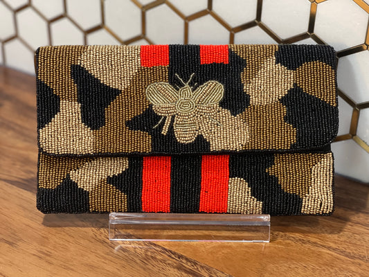 Gold And Black Beaded Camo Bee Clutch